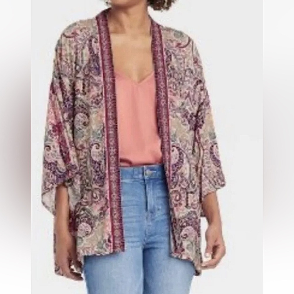 Knox Rose L Womens Short Sleeve Paisley Print Open Front Cardigan Kimono Boho